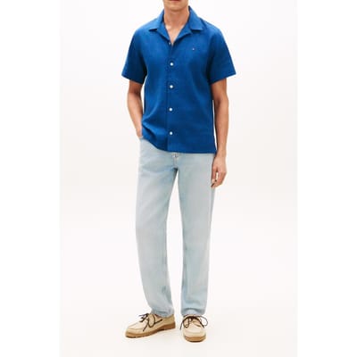 Tommy Hilfiger Sorona Linen Camp Ss Blue Jean Größe: S | Casual hemden Outlet | Herren | Weiß