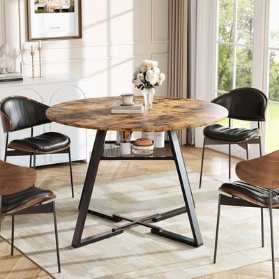 Ronde Eettafel - Keukentafel Hout - Gezellig Eten - Met Opbergplank - 120 cm Diameter - Vintage Bruin