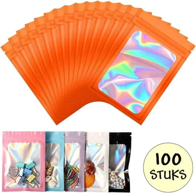 100 Oranje Holografische Folie Zip Lock Zakjes - Hersluitbare Mylar Zakken - 7x10cm - Uitdeelzakjes - Transparant - Snoepzakjes - Cadeauzakjes - 100 Stuks