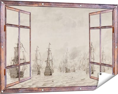 Gards Tuinposter Doorkijk De Zeeslag tegen de Spanjaarden bij Duinkerken - Willem van de Velde - 120x80 cm - Tuindoek - Tuindecoratie - Wanddecoratie buiten - Tuinschilderij