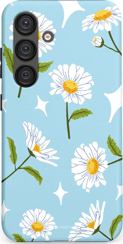 Casetastic hoesje geschikt voor Samsung Galaxy S25 - Dubbellaagse bescherming - Margrietjes in de Wind - Fashion Case - Lichtblauw Wit Groen