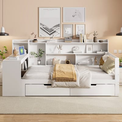 Wishdor Slaapbank met Bureau en Boekenkast – 90 x 200 cm – Massief Hout Wit – Inclusief Stopcontact en USB – Met 2 Lades en Opbergvakken – Complete Werk- en Slaapplek voor Studenten of Thuiskantoor