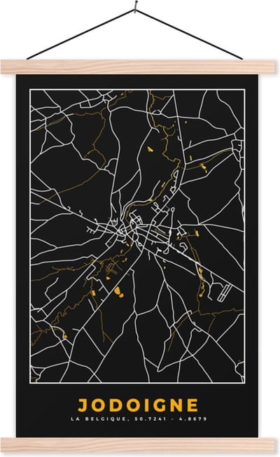 Posterhanger incl. Poster 40x60 cm - Schoolplaat - Jodoigne - Plattegrond - Kaart - Stadskaart - Goud - Textielposter - Blanke latten - Stadskaart
