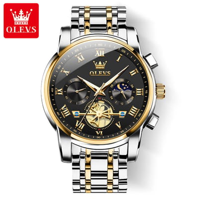 HO-2859.gz-zw : Olevs goudzilverkl edelstaal heren horloge, quartz, zwarte wijzerplaat, chronografisch, stopwatch, secondenmolen & minuten & 24uurs/lunarfase subuurwerk