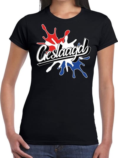 Geslaagd cadeau t-shirt met spetter effect - Geslaagden shirt zwart voor dames - Geslaagd/ afgestudeerd XS