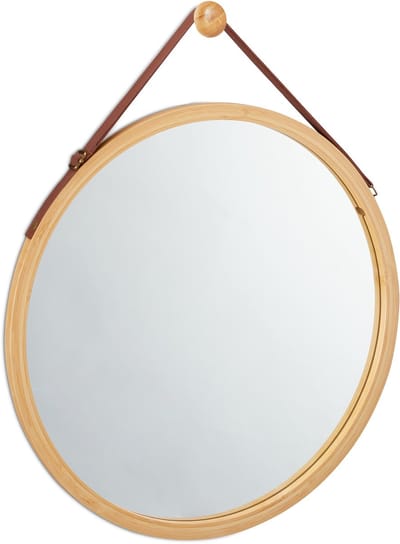 spiegel rond - verstelbare riemen - Ø 45 cm - bamboe lijst - hal - badkamer