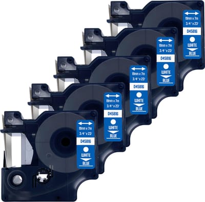 DULA Dymo D1 45816 Compatible label tape - 5 lettertapes - Wit op blauw - 19mm x 7m