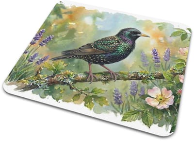 Muismat "Aquarel Series" Spreeuw Vogel Natuur Illustratie - Cadeau voor haar: Vrouw, Vriendin & Collega Botanisch Design Lavendel Rozen Bureau Decoratie Thuiswerken Computer Laptop PC Onderlegger - Flora & Fauna Muismatje Werkplek Kantoor Accessoires