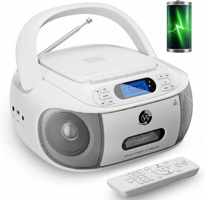 CD Cassette Speler Combo - Boombox Radio Recorder - Muziek Luisteren - Oplaadbare Batterij - 9.3x8.6x4.6 inch - Wit