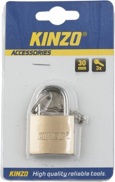 Kinzo Hangslot van metaal - 30 mm - met 3 sleutels - messing - hangsloten