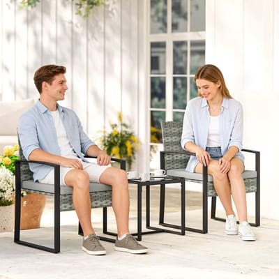 Wishdor Tuinset Voor 2 Personen - 2 Stoelen En Tafel - Voor Balkon Of Terras - Stalen Frame Met Kunststof Vlechtwerk - Lichtgrijs - 55 X 58 X 76 Cm