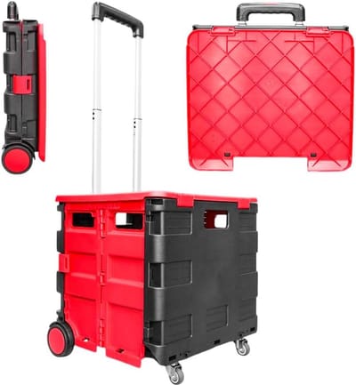 Grote Opvouwbare Boodschappentrolley 40 kg - Rood/Zwart met 4 Wielen en Deksel