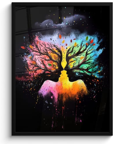 Poster in lijst - Fotolijst 50x70 cm - Posters - Gezichten - Silhouetten - Kleurrijk - Takken - Posterlijst zwart - Decoratie - Wanddecoratie woonkamer - Muurdecoratie slaapkamer