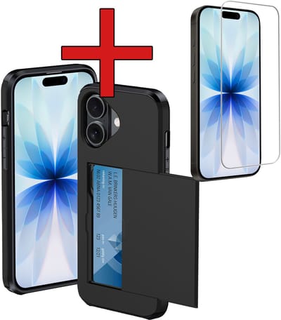 Hoesje Geschikt voor iPhone 17 Hoesje Met Pasjeshouder Hard Case Met Kaarthouder Met Screenprotector - Hoes Geschikt voor iPhone 17 Hoesje Pashouder Case - Zwart