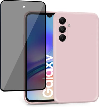 Geschikt voor Samsung Galaxy A15 - Hoesje + Privacy Screenprotector – Privé Gehard Glas Cover - Suède Case Rose