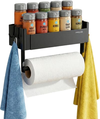 Phreeze magnetische keukenrolhouder + kruidenrek ophangbaar - keuken organizers - organizer - voor keuken, koelkast, magnetron en wasmachine - magnetisch - met haakjes - stevig - metaal - zwart