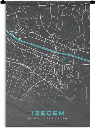 Wandkleed - Wanddoek - België – Izegem – Stadskaart – Kaart – Blauw – Plattegrond - 120x180 cm - Wandtapijt