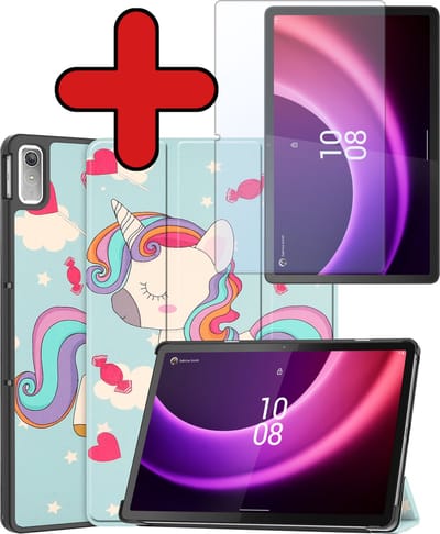Hoesje - Geschikt voor Lenovo Tab P11 (2e / 2nd Generatie) - Met Screenprotector - Hardcover Book Case - Trifold Bookcase Hoes - Hard Cover - Tablethoes - Eenhoorn