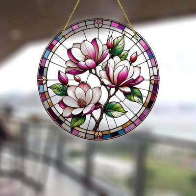 Bloeiende Magnolia Boom Geïnspireerde Gevelramen, Hangende Zonvanger van Glas, Decoratief Glaspaneel voor Raam en Wand, Perfect als Verjaardagscadeau