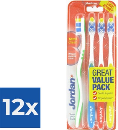 Jordan - Total Clean Tandenborstels Medium - 4 stuks - Voordeelverpakking 12 stuks
