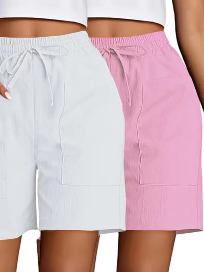 Livano Korte Broek Dames - Spijkerbroek - met Zakken - Volwassenen - Jongens - Shorts - 2 Pcs - Wit + Roze - Maat S