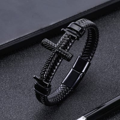 VANDAAG VERZONDEN - Armband - Kruis - Leer - Christelijk - Geloof - Jezus - Zwart