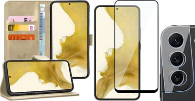 Hoesje geschikt voor Samsung Galaxy S22 Plus - Book Case Kunstleer Wallet Cover Portemonnee Pasjeshouder Hoes Goud - Full Tempered Glass Screenprotector - Camera Lens Protector