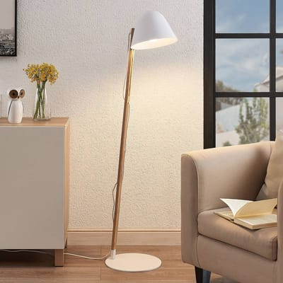 Lindby - vloerlamp - 1licht - metaal, hout - H: 128 cm - E27 - wit, helder hout