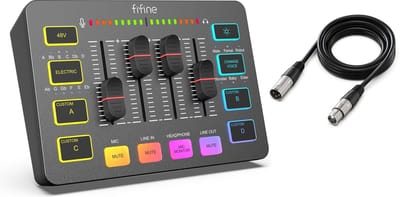 FIFINE SC3 + XLR Kabel - Streaming Deck - DJ Mixer - Gaming Mixer - Podcast / Stream / Gaming - XLR Aansluiting - Line-in - Voice Changer - Zwart