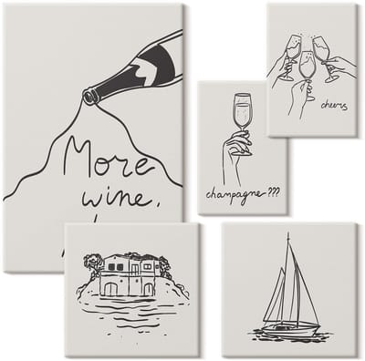 Wallfluent Set van canvas schilderijen - Stijlvolle graphics met thema's van wijn en ontspanning aan het water Canvas Schilderijen Set - Set van 5 Canvas Schilderijen - Romig Set van Canvas Prints - Voedsel Canvas Kunst Set