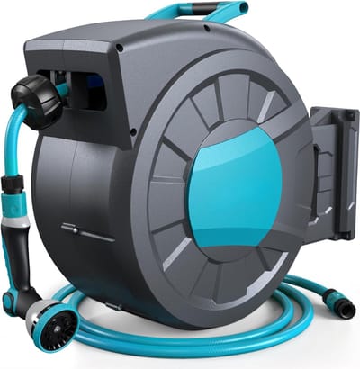 Wandslangenbox - Wandslanghaspel - Slanghouder - met Oprolmechanisme - 180° Draaibare Beugel - 10 Functies Sproeimondstuk - Flexibele Irrigatie - voor Grote Tuinen - 35 + 2m Tuinslang - Grijs/Turkoois