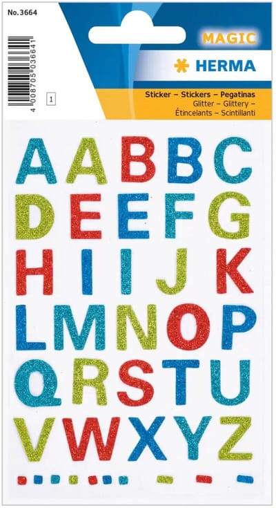 Herma Alfabet plak letters A-Z Stickers - 1x vellen - gekleurd glitter - 15 mm - watervast
