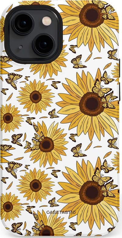 Casetastic Hoesje Geschikt voor Apple iPhone 13 Mini Magsafe - Stijlvolle Beschermende Duo-layer Case - Zonnebloem Zomer met vlinders