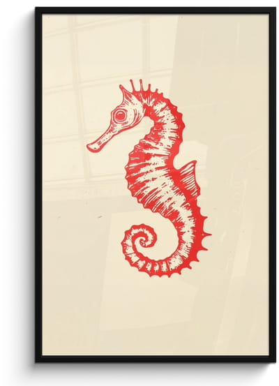 Poster in lijst - Fotolijst 80x120 cm - Posters - Zeepaardje - Rood - Fijne details - Posterlijst zwart - Decoratie - Wanddecoratie woonkamer - Muurdecoratie slaapkamer
