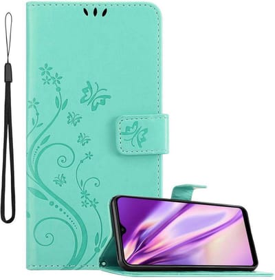 Cadorabo Hoesje geschikt voor Samsung Galaxy M20 in BLOEMEN TURKOOIS - Beschermhoes in bloemmotief met magnetische sluiting, standfunctie en kaartsleuven Book Case Cover Etui