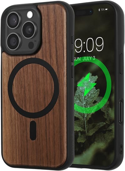 kwmobile Hoesje voor Apple iPhone 16 Pro Smartphonehoesje – Cover van hout en TPU – Compatibel met MagSafe – Case in donkerbruin / zwart