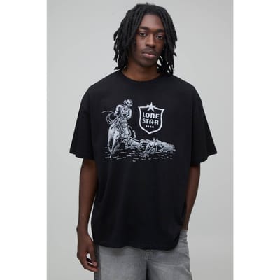 Oversized T-shirt Met Lone Star Beer Cowboy Licentie Print | Black | Size XS