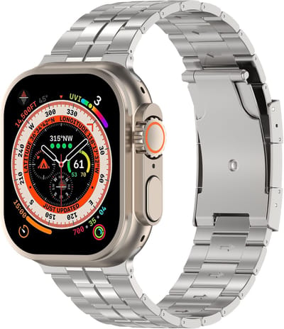 Stravo Premium Titanium Horlogeband met Dubbele Middenlink – Geschikt voor Apple Watch 42mm (Series 11/10) / 41mm (Series 9/8/7) / 40mm (Series 6/5/4, SE 3/2/1) / 38mm (Series 3/2/1) – Luxe metalen schakel Bandje - Zilver