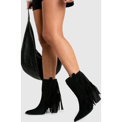 boohoo Dames Wide Fit Nep Suede Franje Kwast Detail Gehakte Western Enkellaars | Zwart | Maat: 37