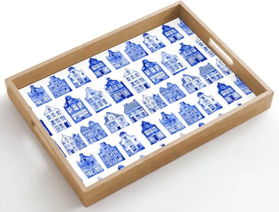 Dienblad hout 50x35 cm - Schootdienblad - Patroon - Huizen - Blauw - Borrelplank rechthoek - Plateau dienbladen