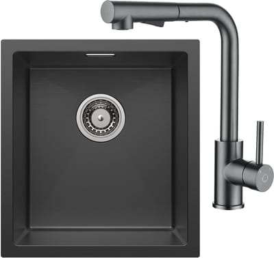 CECIPA max Spoelbak 40x44CM - Spoelbak Keuken Antraciet - Enkele Spoelbakken Met Keukenkraan Met Uittrekbare Uitloop - Spoelbakken met Afdruip - RVS