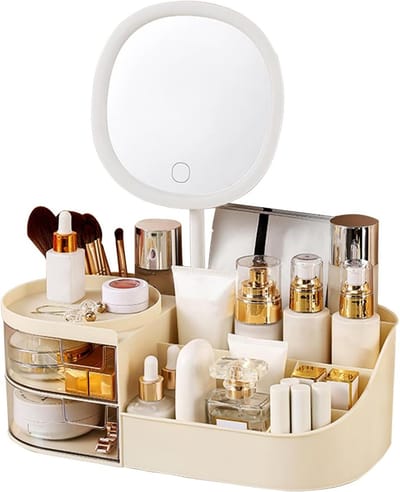 Multifunctionele Make-up Organizer met Spiegel, Make-up Borstelhouder en 2 Lades, Ideaal voor Cosmetica Opslag in Slaapkamer en Badkamer, Ruime Make-up Organizer voor Dagelijks Gebruik
