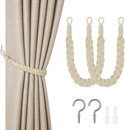 Natural Cotton Rope Curtain Ties - 2pcs Hand Knitted Braided Curtain Swag Holder for Home Hotel Office Decor - Off White