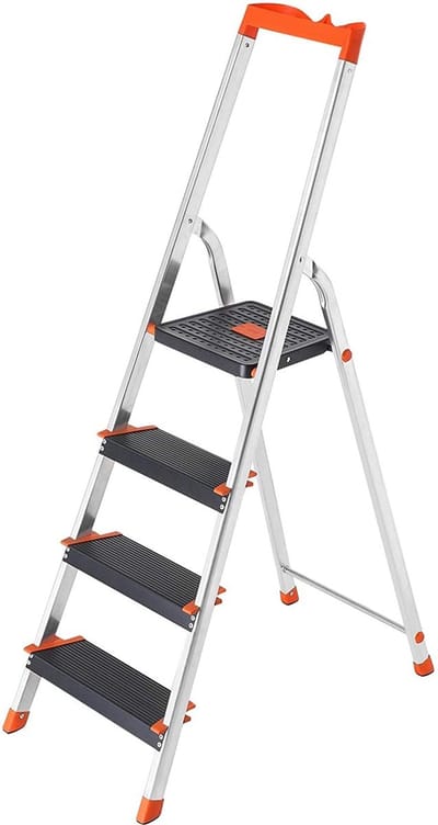 Ladder - 4 Treden - Aluminium - Trapladder - Gereedschapsbak - Antislip - Zwart - Oranje - 44 x 11,5 x 156 cm