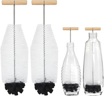 Ergonomische Flessenborstel Set van 2 - 32 cm, Geschikt voor Glas en Plastic Flessen, Krachtige en Krassenvrije Reiniging met Witte Borstels en Zwarte Spons
