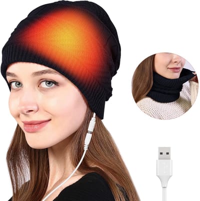 Elektrische Verwarmde Muts USB – Warme Wintermuts, Outdoor Gebreide Hoed, Verwarming Hoes voor Koude Dagen, Sjaal Inclusief - ZWART