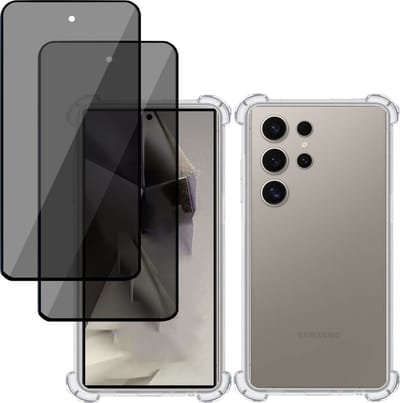 Hoesje + 2x Privé Screenprotector geschikt voor Samsung Galaxy S24 Ultra – Privacy Tempered Glass - Case Transparant