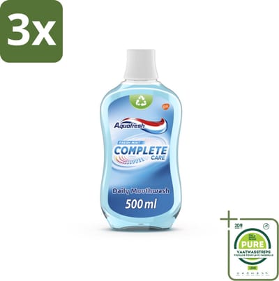 3 x Aquafresh Complete Care Mondwater - Fresh Mint - 500 ml - Grootverpakking - Mondwater - Tandenpoeder - Tandenborstel - Gebit - Tandplak