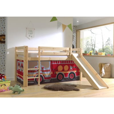 LUCEVI - Pino Halfhoogslaper H115CM + Ladder + Glijbaan + Fire Truck Gordijntjes - Bruin - 90x200 cm