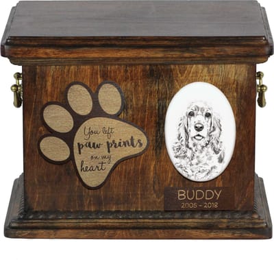 Persoonlijke urn voor American Cocker Spaniel met foto en as.